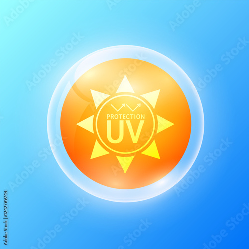 UV protection and yellow sun in orange ball. Protects against UVA, UVB, sunlight and ultraviolet attacks. For design cosmetic products ads. Health care concept. Vector.