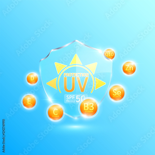 UV protection and SPF 50 PA in glass shield translucent surrounded by orange vitamins minerals. Protects against UVA, UVB, sunlight and ultraviolet attacks. For design cosmetic products ads. Vector.