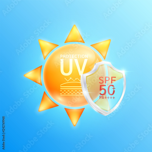 UV protection SPF 50 PA in glass shield translucent front of orange sun. Protects against UVA, UVB and ultraviolet attacks. For design cosmetic products ads. Vector.