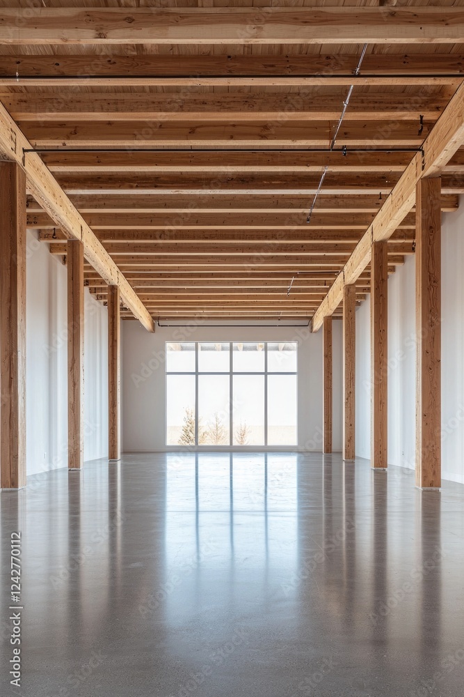 Obraz premium A wide-angle view of an empty, minimalist interior with wooden beams on the ceiling and concrete floors. The walls have white panels, creating a contrast against the natural wood elements. 
