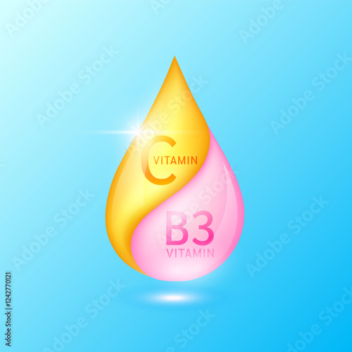 Orange vitamin C ascorbic acid droplet and pink vitamin B3 niacinamide solution. UV protection against UVA, UVB, sunlight and ultraviolet attacks. For design cosmetic products ads. Vector EPS10.