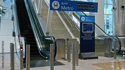 Empty stairs and elevators leading to Dubai Metro at Dubai International Airport. Sleek, modern design highlights efficient infrastructure and urban connectivity.