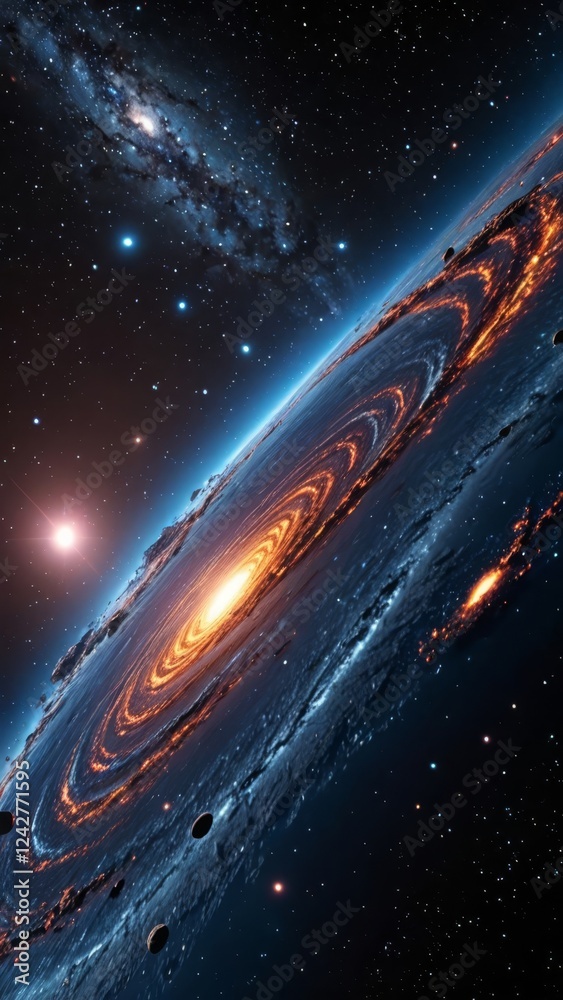 Fototapeta premium Vibrant spiral galaxy with glowing core and starry cosmic expanse