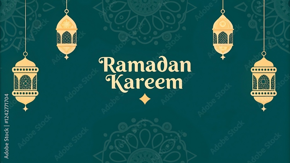 Naklejka premium Ramadan Kareem Greeting Card with Hanging Lanterns