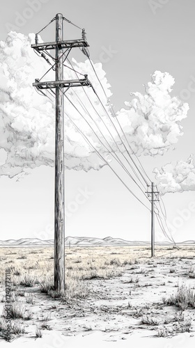 Wallpaper Mural Desert power lines, cloudy sky, landscape, drawing, illustration Torontodigital.ca