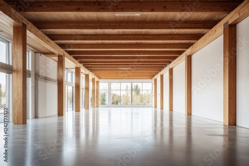 A wide-angle view of an empty, minimalist interior with wooden beams on the ceiling and concrete floors. The walls have white panels, creating a contrast against the natural wood elements. 