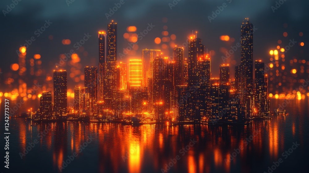 Fototapeta premium Night cityscape, futuristic city, glowing buildings, water reflection, urban fantasy, website banner