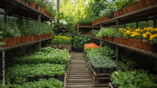 Lush greenhouse filled with vibrant potted plants and flowers, showcasing gardening beauty