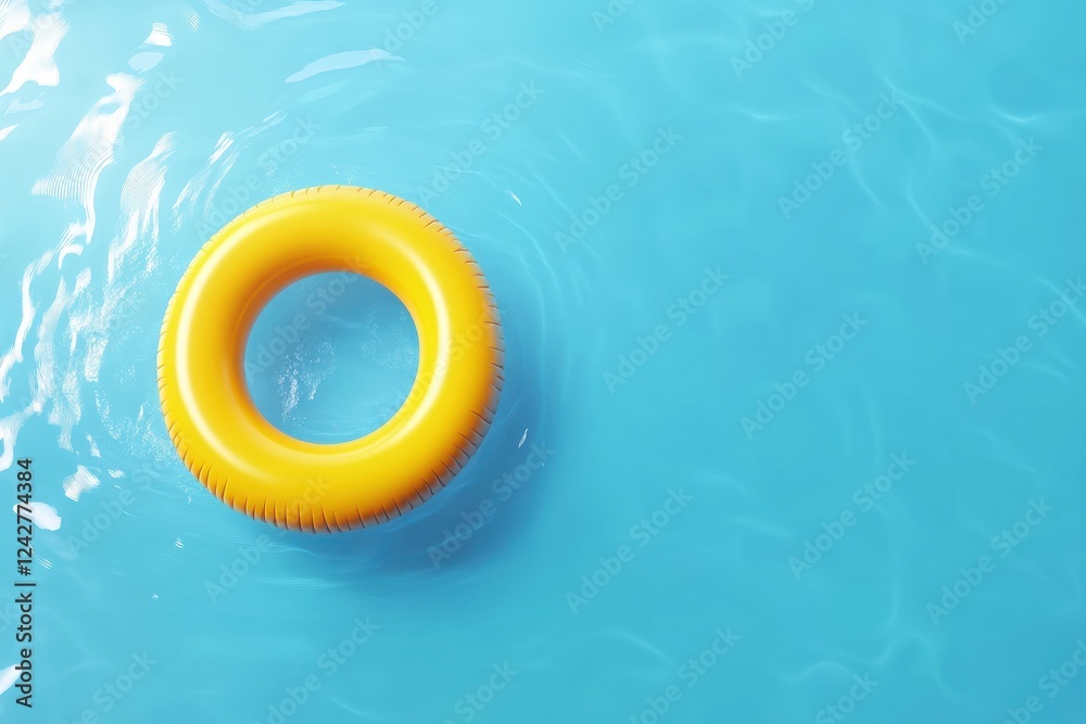 yellow swimming pool ring float in blue water. concept summer background, top view yellow swimming pool ring float in blue water. concept summer background, top view