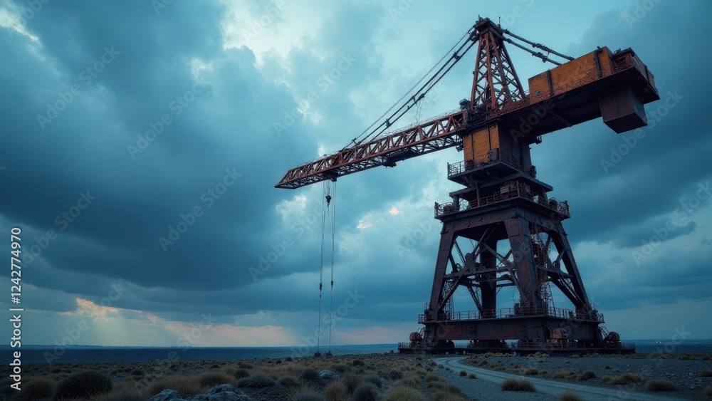 A colossal rusty crane stands solitary against a dramatic, stormy sky, a testament to industrial might and the passage of time. A colossal rusty crane stands solitary against a dramatic, stormy sky, a testament to industrial might and the passage of time.