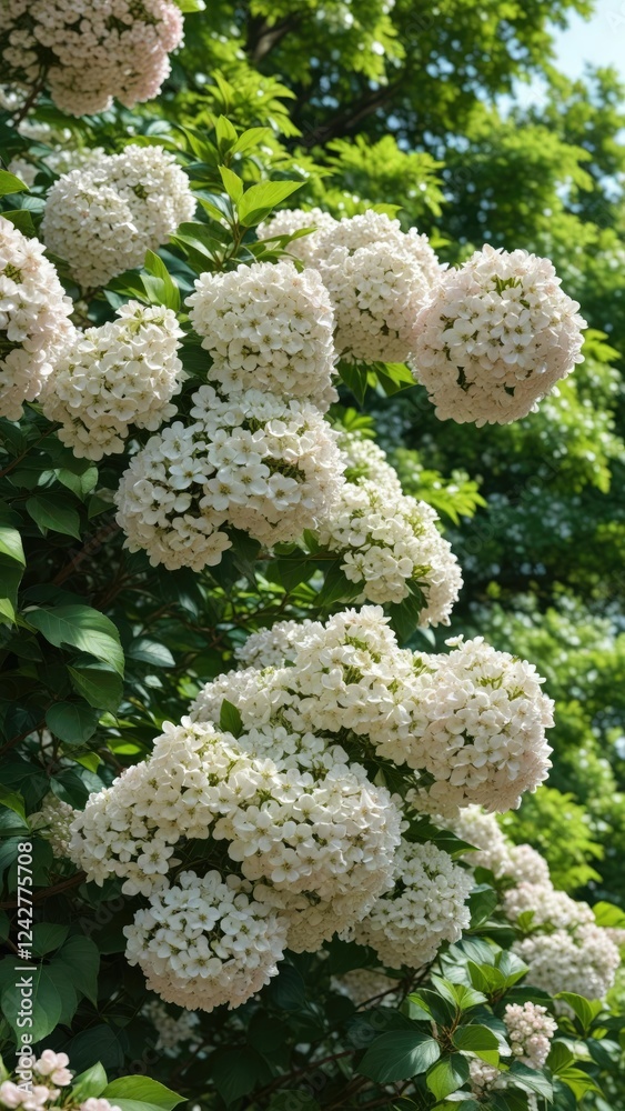 Viburnum in full bloom with pinkish-white flowers against a green leafy backdrop , garden flowers, leafy greens Viburnum in full bloom with pinkish-white flowers against a green leafy backdrop , garden flowers, leafy greens