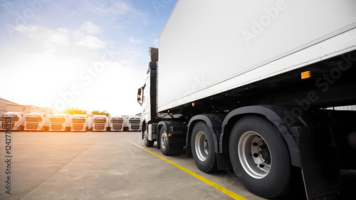 Delivery truck at warehouse with large empty space for logo and design on truck body, 300dpi