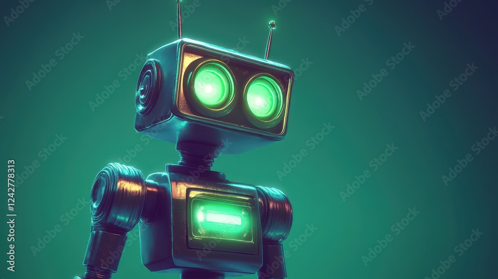 Fototapeta premium Retro Robot with Glowing Green Eyes and Battery Indicator