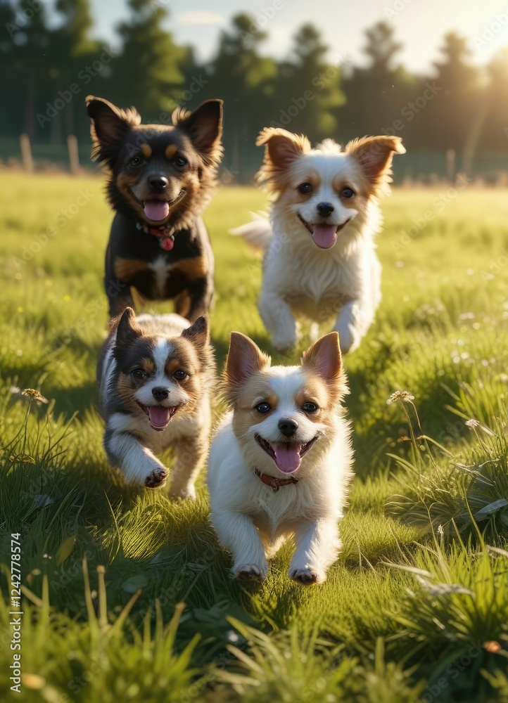 Two small dogs chasing each other in a sunny meadow, playtime, sunny day, dog park, lively atmosphere Two small dogs chasing each other in a sunny meadow, playtime, sunny day, dog park, lively atmosphere