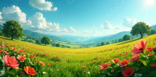 Un campo de margaritas florecientes bajo un cielo anaranjado, margaritas, verde, campo