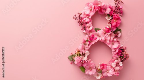 International Women's Day. Flowers in the shape of the number 8 on a pink background with space for text. photo