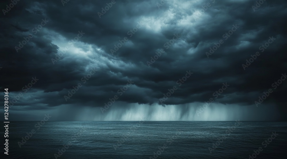Ominous storm clouds over dark ocean, heavy rain Ominous storm clouds over dark ocean, heavy rain