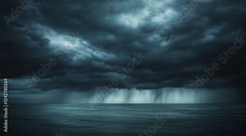Ominous storm clouds over dark ocean, heavy rain