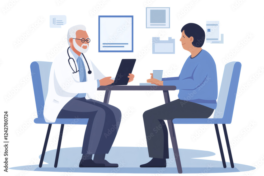 Doctor showing telemedicine benefits to patient using laptop during medical consultation in clinic Doctor showing telemedicine benefits to patient using laptop during medical consultation in clinic