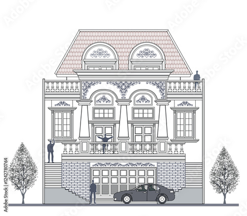 Facade of 3 storeys symmetrical modern classic house with 3 doors, 4 windows, 3 columns, balustrade, garage, frames, decoration, stairs, crowns, canopy, trapezoidal roof and its elements design.