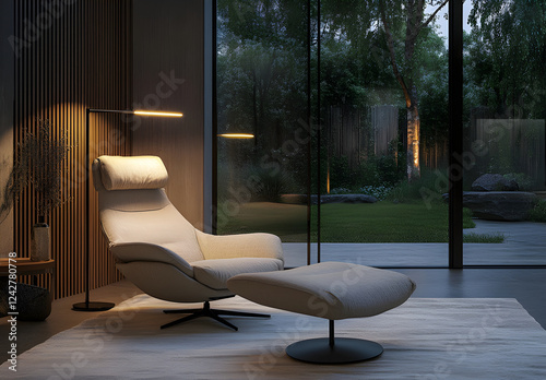 A luxurious lounge chair with an armrest that transforms into an ottoman, featuring a sleek modern look with warm lighting. The room has large windows overlooking the garden at night.  photo