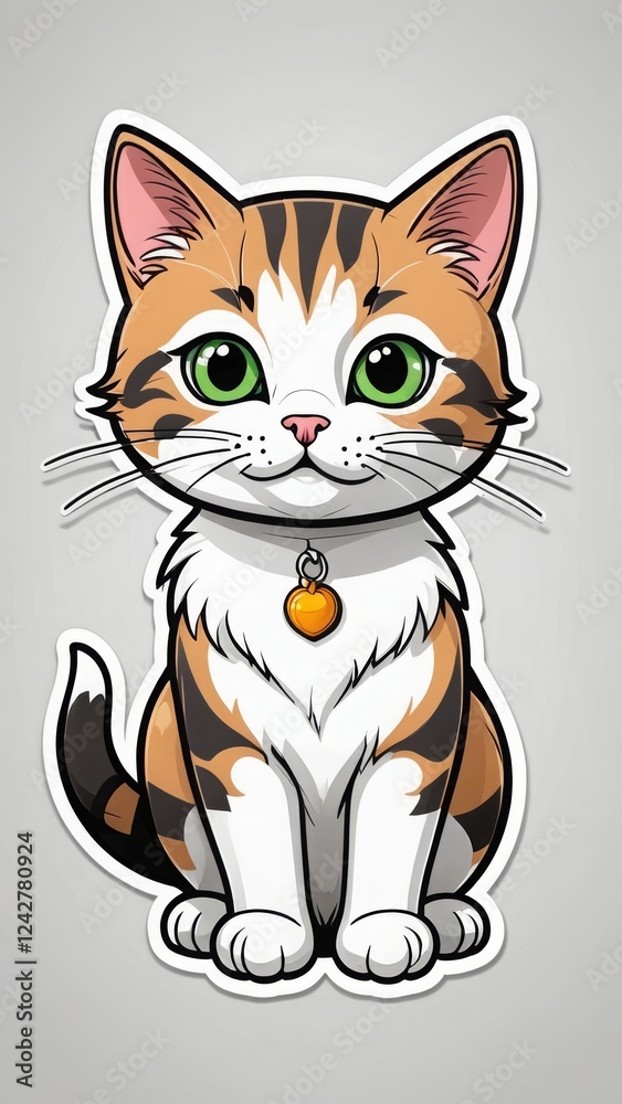 Charming cat illustration with green eyes and a bell collar as a sticker Charming cat illustration with green eyes and a bell collar as a sticker