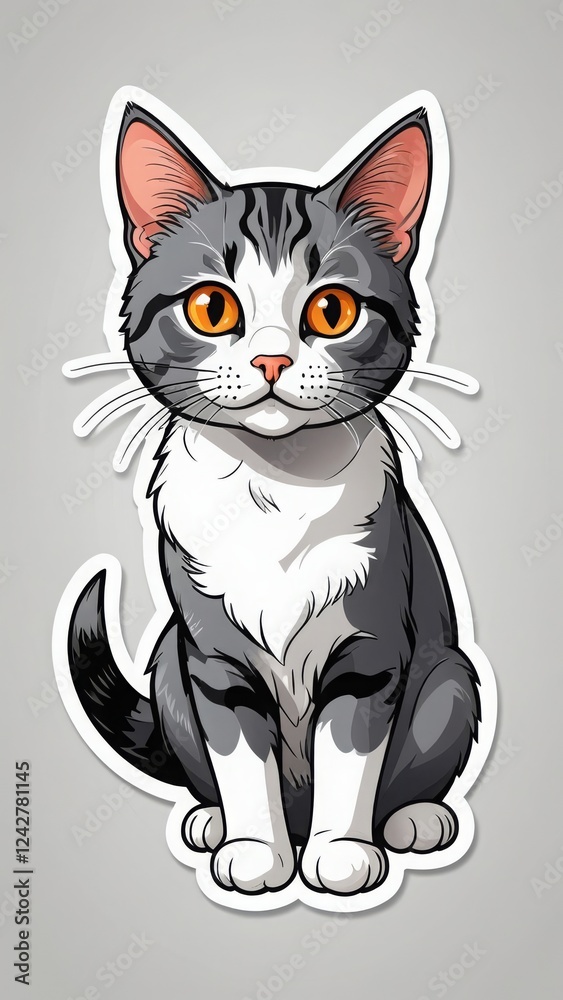 Fototapeta premium Illustrated cute cat sticker with orange eyes and gray fur