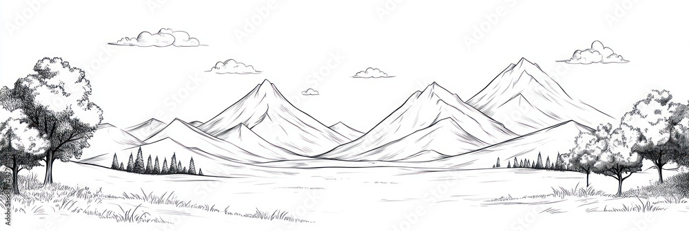 Fototapeta premium Majestic Mountain Range Sketch With Trees And Clouds