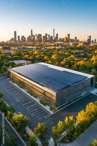 Aerial view of modern data center facility exterior, with solar panels on the roof and green space around it. The building is large in size, featuring sleek grey metal cladding and glass windows photo