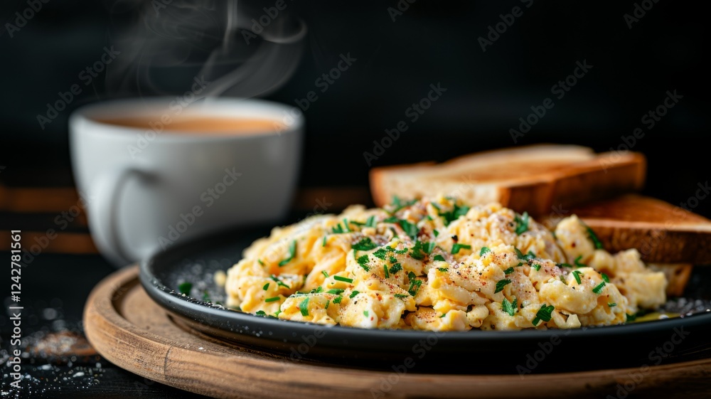 Scrambled Eggs: Scrambled eggs served with whole-grain bread and a side salad, styled on a modern dining table. Scrambled Eggs: Scrambled eggs served with whole-grain bread and a side salad, styled on a modern dining table.
