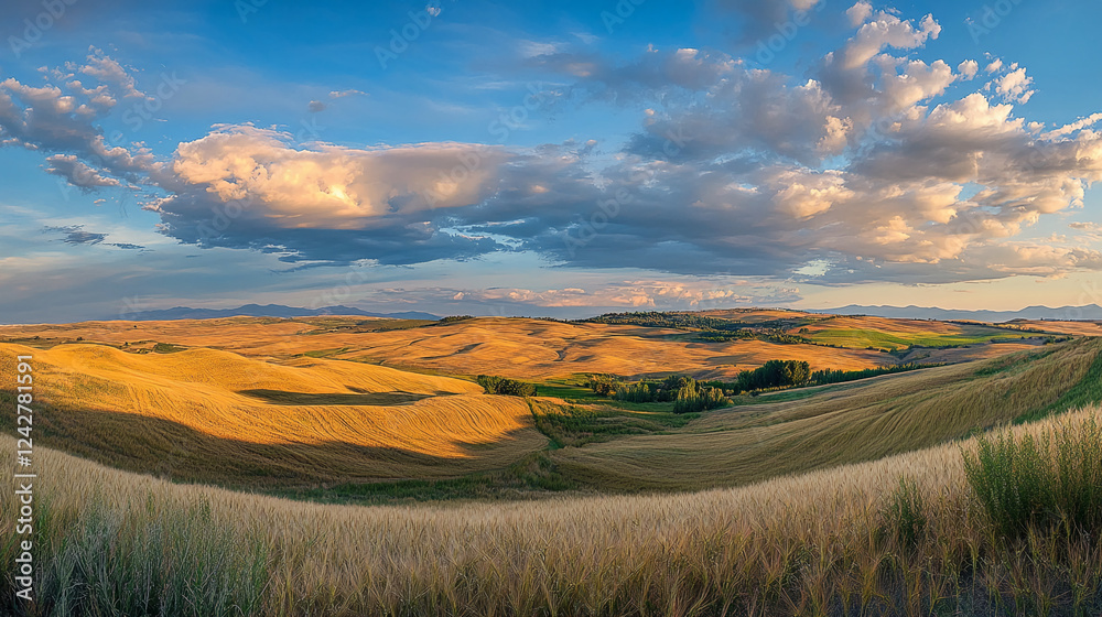 Fototapeta premium A panoramic view of golden wheat fields rolling over the hills under a dynamic sky with clouds at sunset, symbolizing nature, agriculture, and rural tranquility.