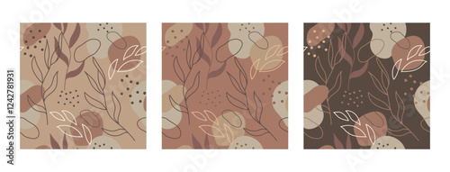 Set of abstract seamless pattern with leaves, spots and dots in trendy palette mocha mousse color. Vector illustration endless pattern, backdrop. Fashionable template for design, paper, cover, fabric