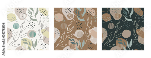Set of abstract seamless pattern with leaves, spots and dots in trendy palette mocha mousse color. Vector illustration endless pattern, backdrop. Fashionable template for design, paper, cover, fabric