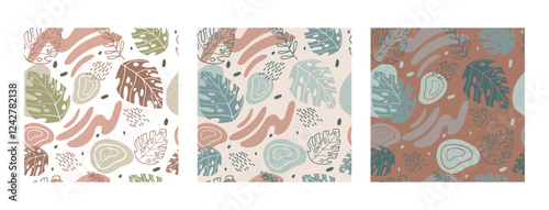 Set of abstract seamless pattern with leaves, spots and dots in trendy palette mocha mousse color. Vector illustration endless pattern, backdrop. Fashionable template for design, paper, cover, fabric