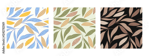 Set of abstract seamless pattern with leaves, spots and dots in trendy palette mocha mousse color. Vector illustration endless pattern, backdrop. Fashionable template for design, paper, cover, fabric