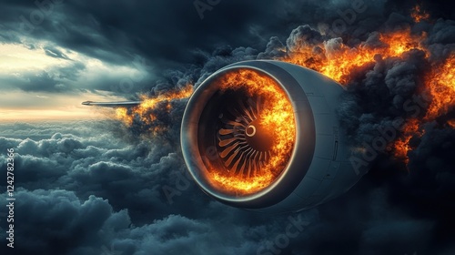 A dramatic airplane engine engulfed in fierce flames and thick smoke- captured with dynamic lighting amid a stormy sky photo