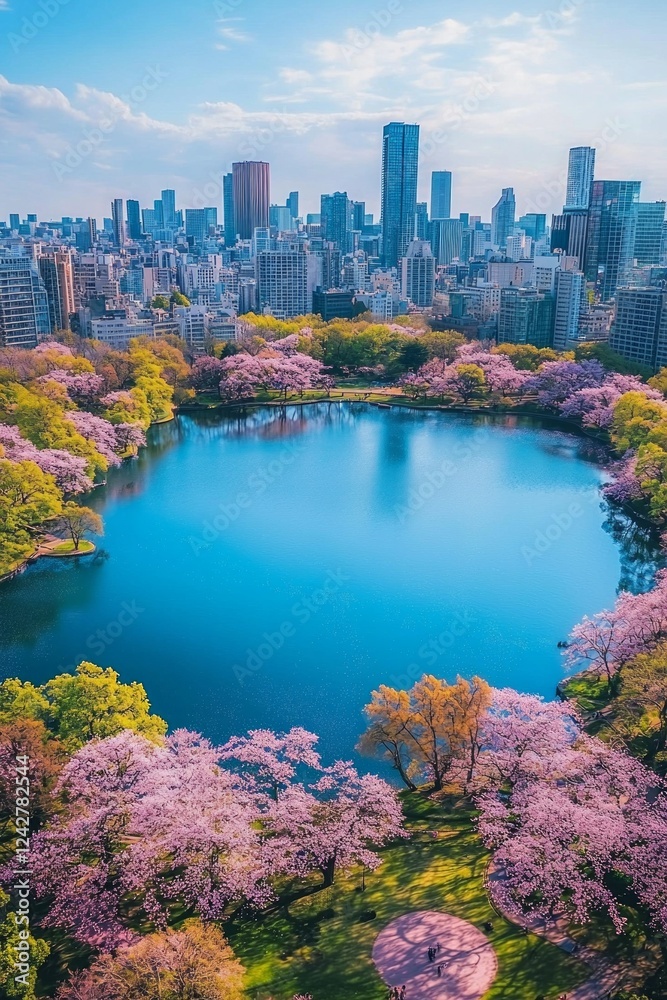 Fototapeta premium Aerial view of the serene lakeside in a city, with towering skyscrapers and blooming cherry blossom trees around. Colorful spring sky, clear blue water reflecting the cityscape