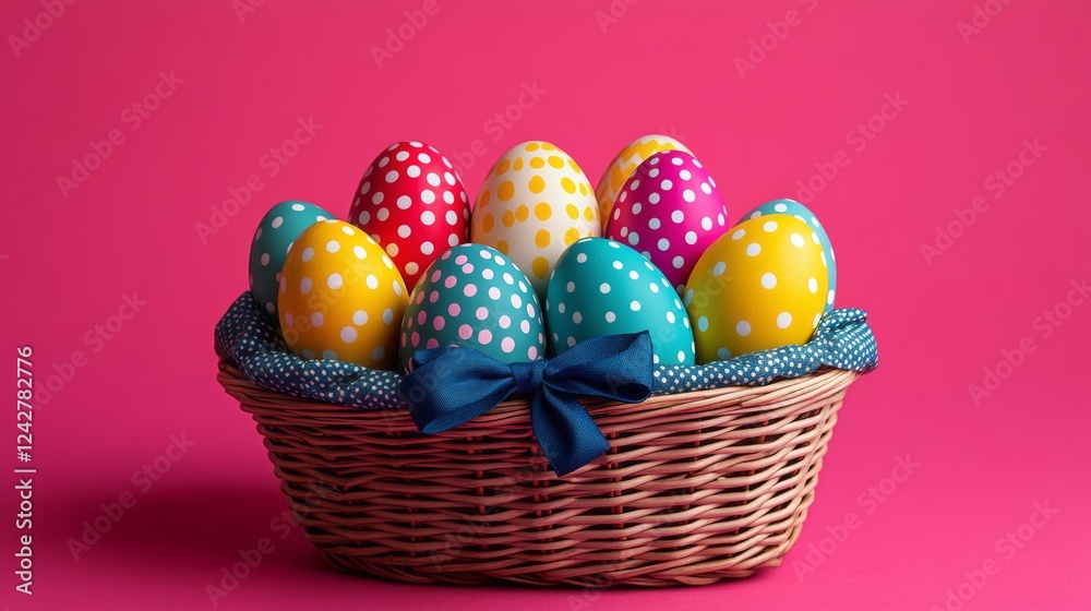 Easter eggs collection and tulips in wicker basket on pink pastel background Easter eggs collection and tulips in wicker basket on pink pastel background