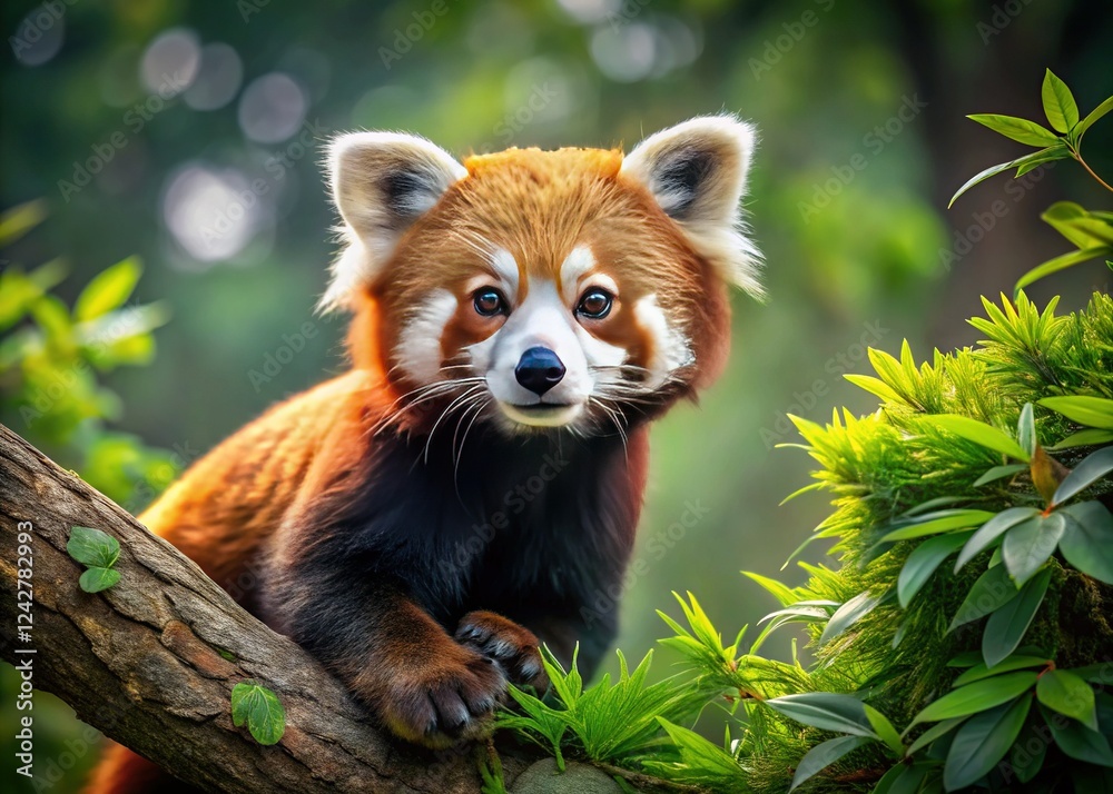 Fototapeta premium Adorable Red Panda Perched on a Lush Green Tree Branch