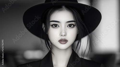 Vintage Shanghai, black and white photography, half-length composition, elegant 25-year-old Chinese supermodel, sophisticated attire, mysterious atmosphere, expensive restaurant setting, Ultra-Realist