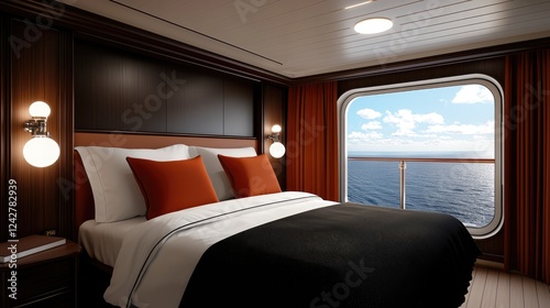 Luxurious ocean view cabin interior cruise ship photography relaxing atmosphere wide angle travel experience