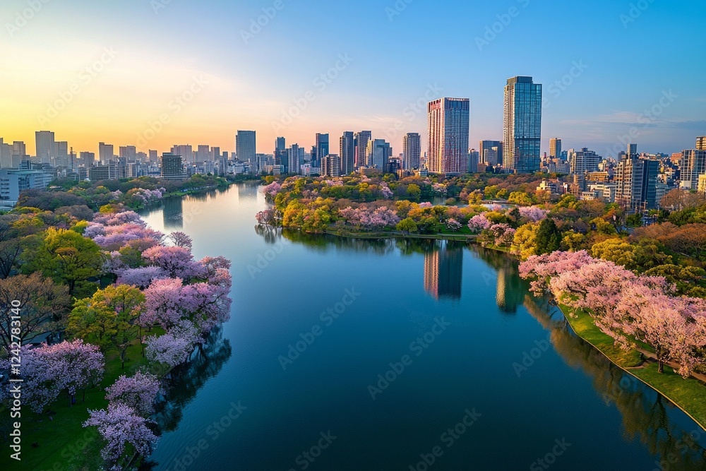 Obraz premium Aerial view of the serene lakeside in a city, with towering skyscrapers and blooming cherry blossom trees around. Colorful spring sky, clear blue water reflecting the cityscape