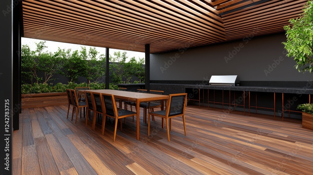 Fototapeta premium Outdoor dining experience modern patio interior design relaxing environment wide angle view contemporary style