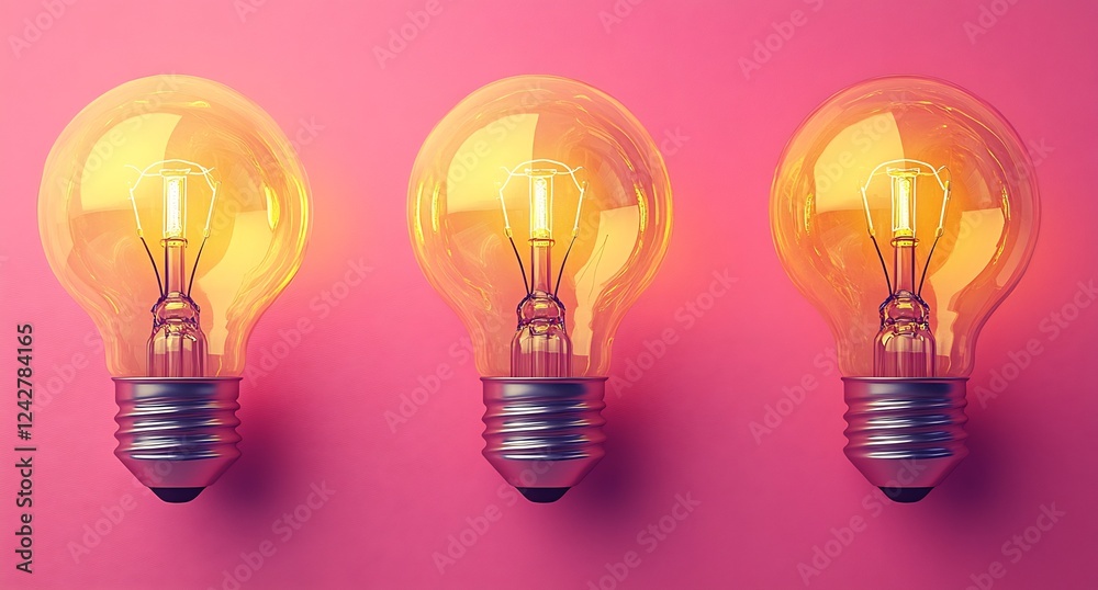 Illuminating Ideas: Three Glowing Light Bulbs on Pink Illuminating Ideas: Three Glowing Light Bulbs on Pink