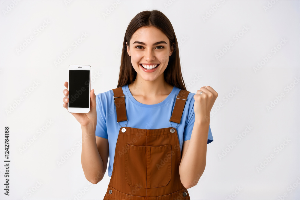 Young Caucasian woman wearing a blue t-shirt and and brown overalls are happy while holding smartphone 01 Young Caucasian woman wearing a blue t-shirt and and brown overalls are happy while holding smartphone 01