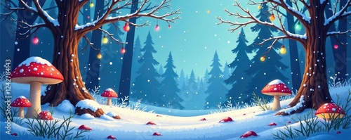 Winter woodland scene with colorful pixel art trees, ornaments, mushrooms