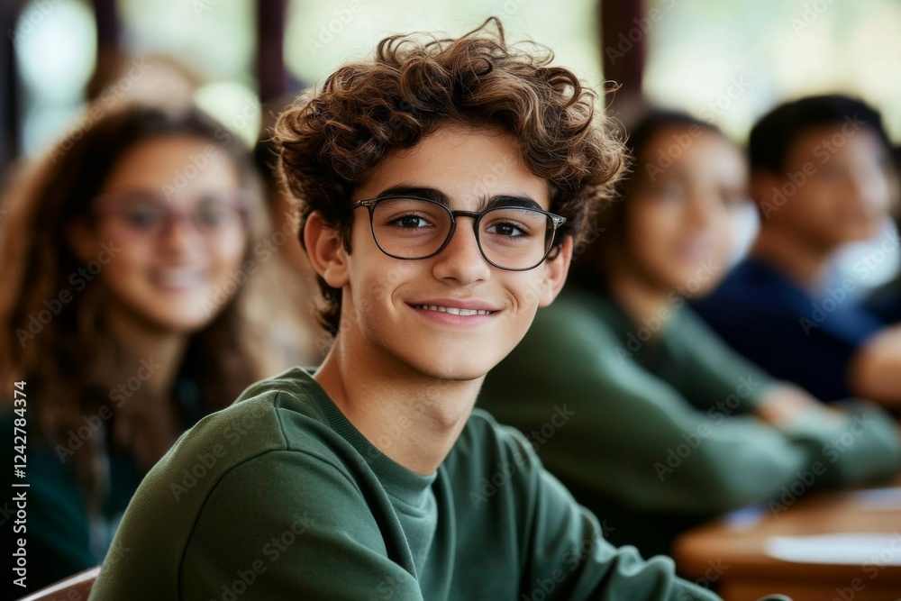 Fototapeta premium Young man with curly hair and glasses smiling in classroom, surrounded by engaged students in well-lit, natural-lit setting