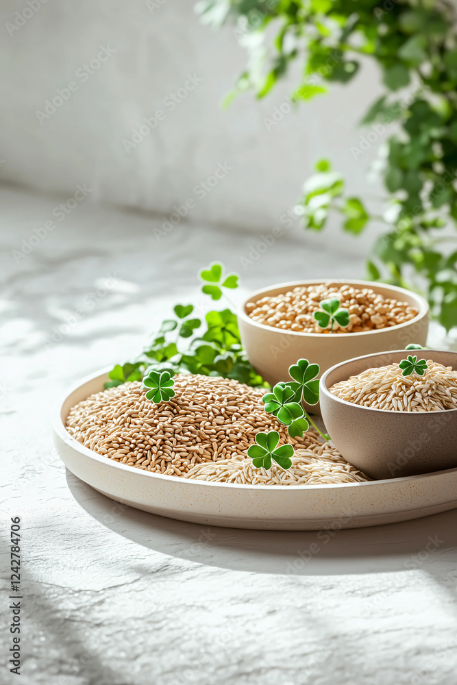 Varieties of grains and seeds arranged on a plate with fresh green plants on a sunny kitchen countertop Varieties of grains and seeds arranged on a plate with fresh green plants on a sunny kitchen countertop