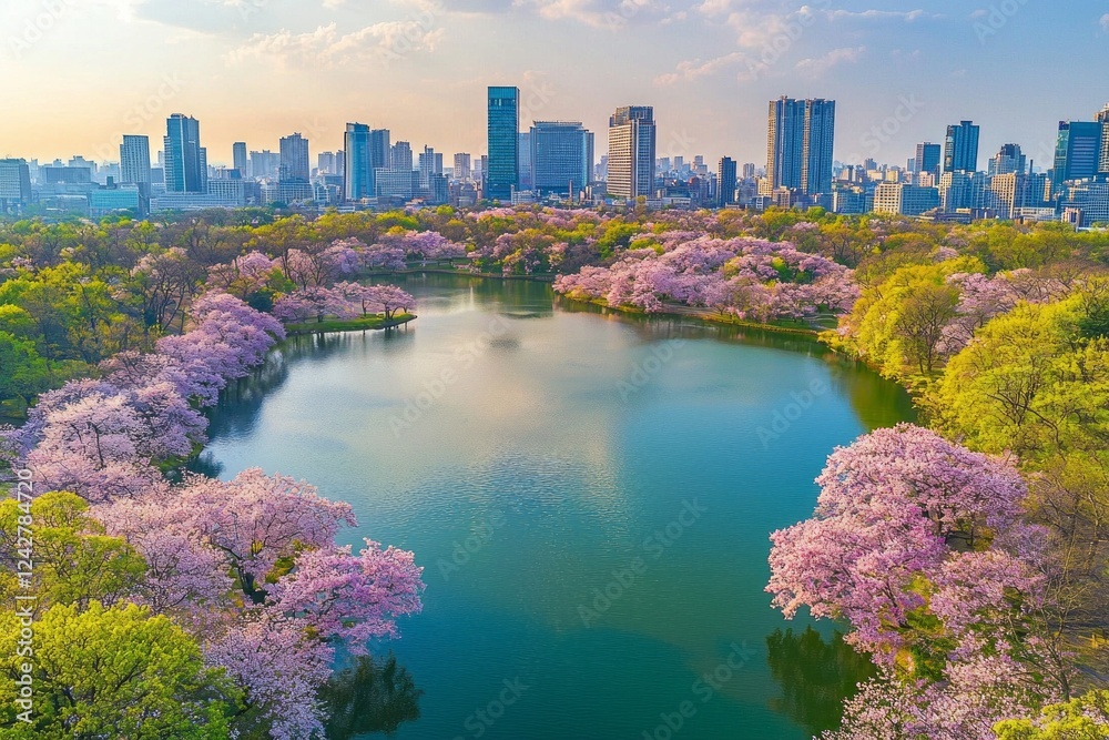 Fototapeta premium Aerial view of the serene lakeside in a city, with towering skyscrapers and blooming cherry blossom trees around. Colorful spring sky, clear blue water reflecting the cityscape