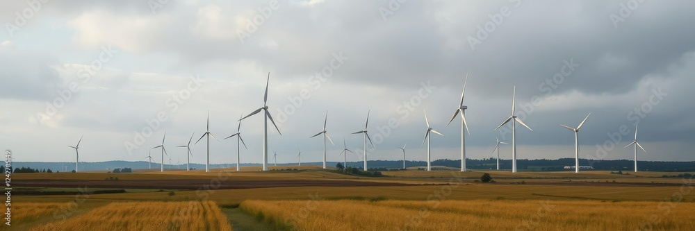 Wind turbines in a windy field on a cloudy day, sustainable development, industrial landscapes, environmental issues Wind turbines in a windy field on a cloudy day, sustainable development, industrial landscapes, environmental issues